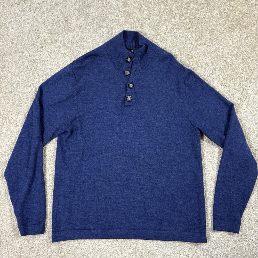Garret Scott Sweater Navy 100% Merino Wool Quarter Henley Mock Neck Pullover L